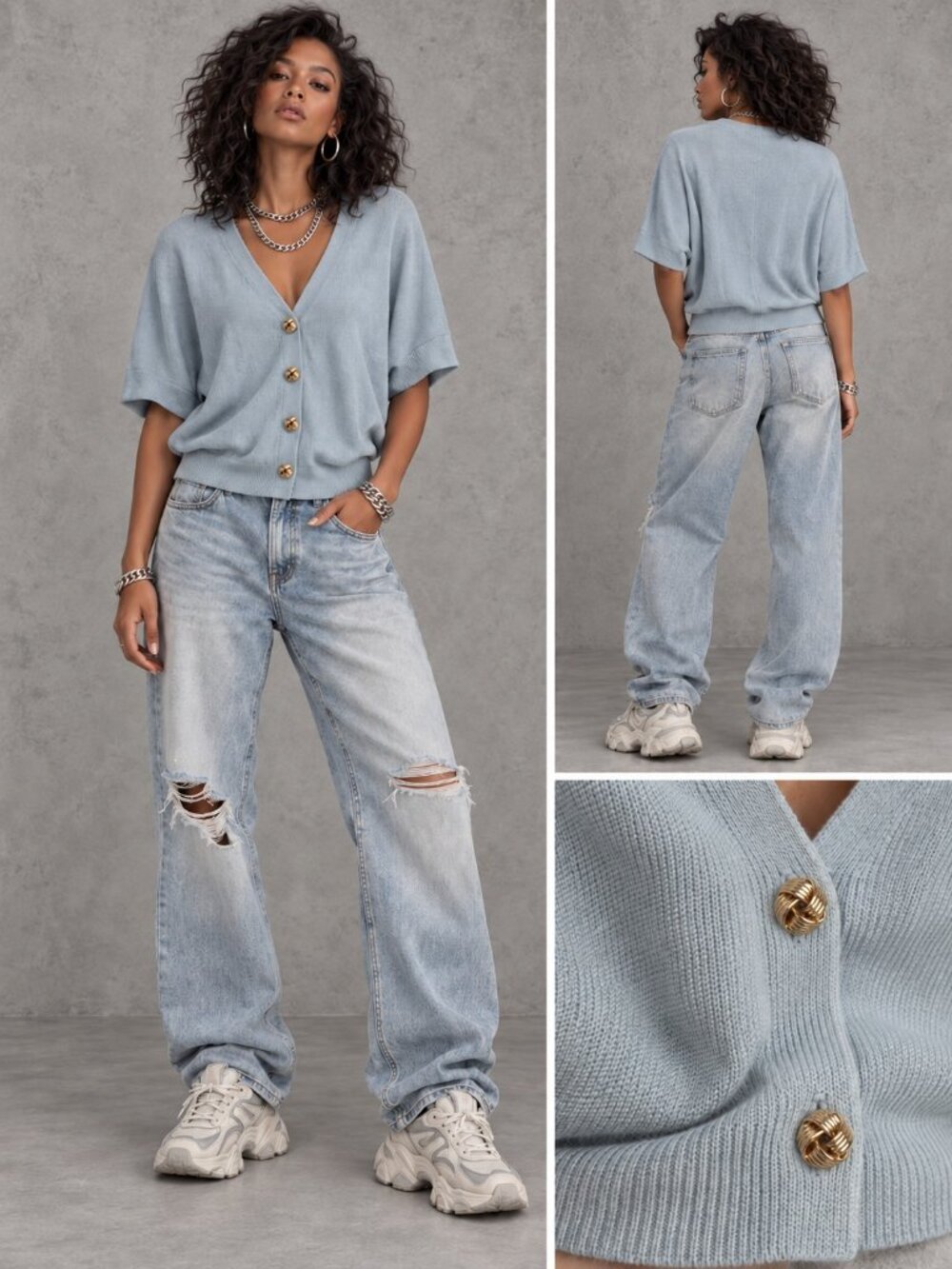 ba&sh BASE Pale Blue V Neck Short Dolman Sleeve Gold Knot Button Cardigan XS